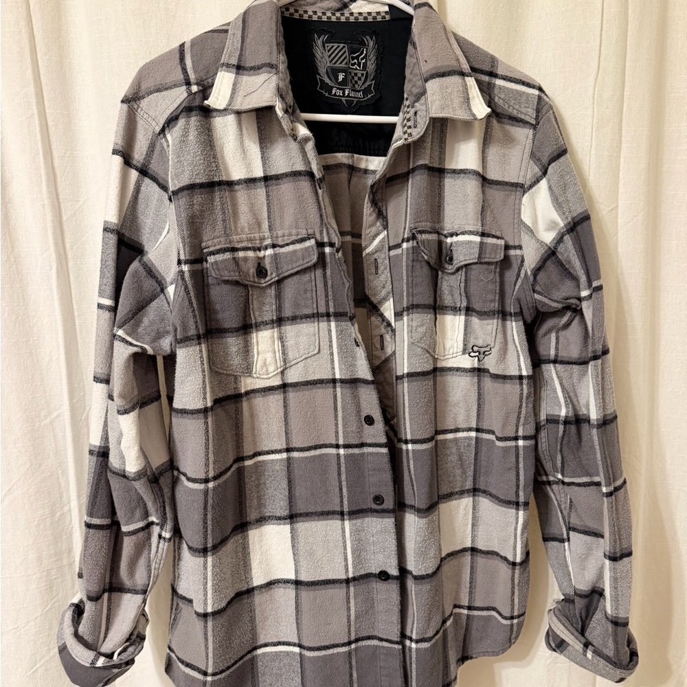 Fox Men's Gray and White Plaid Button-Up Shirt